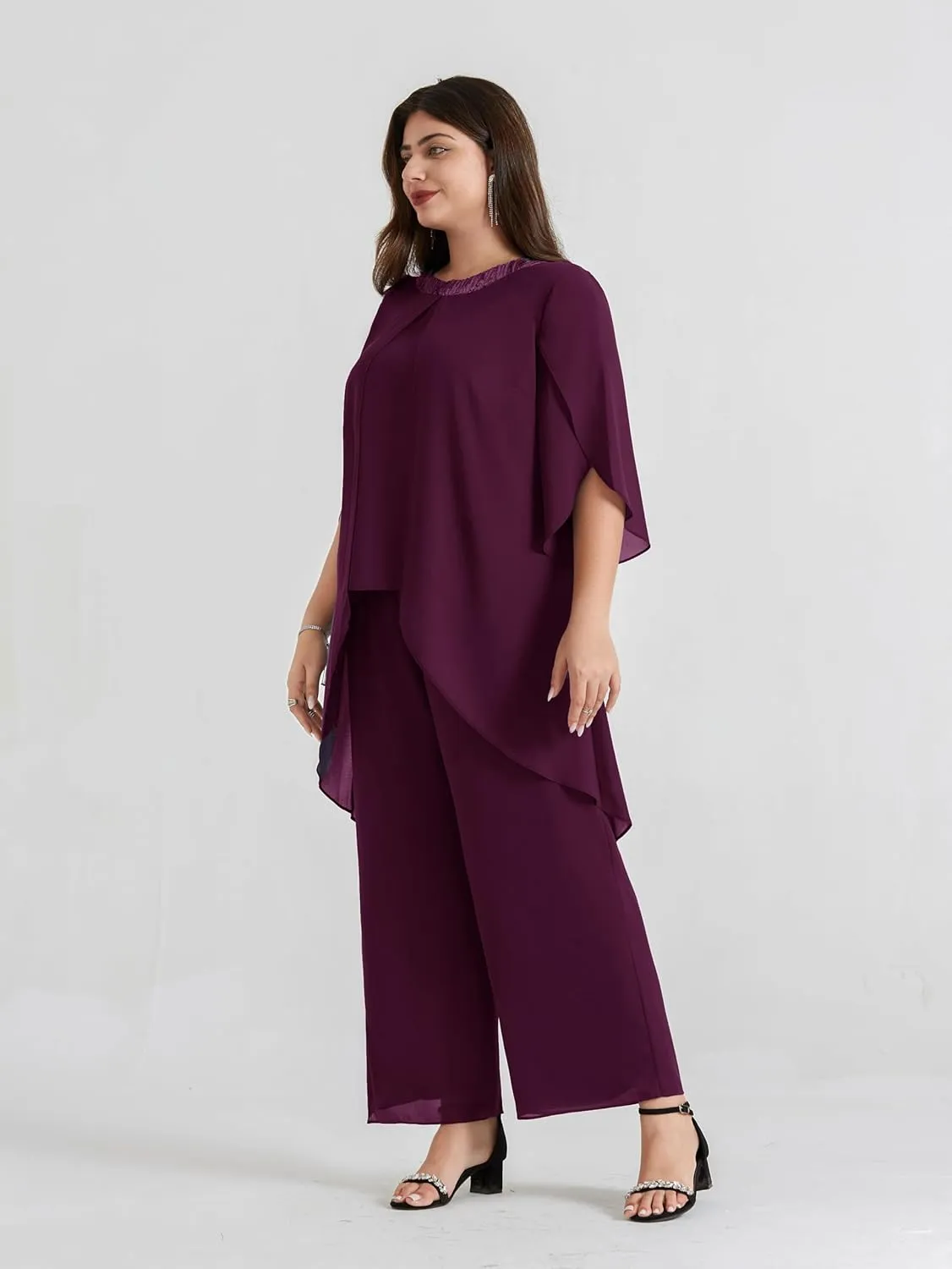 Hanna Nikole Plus Size Mother of The Bride Pant Suits 2 Piece Chiffon Sets Dressy Wedding Guest Outfit with High Low Hem