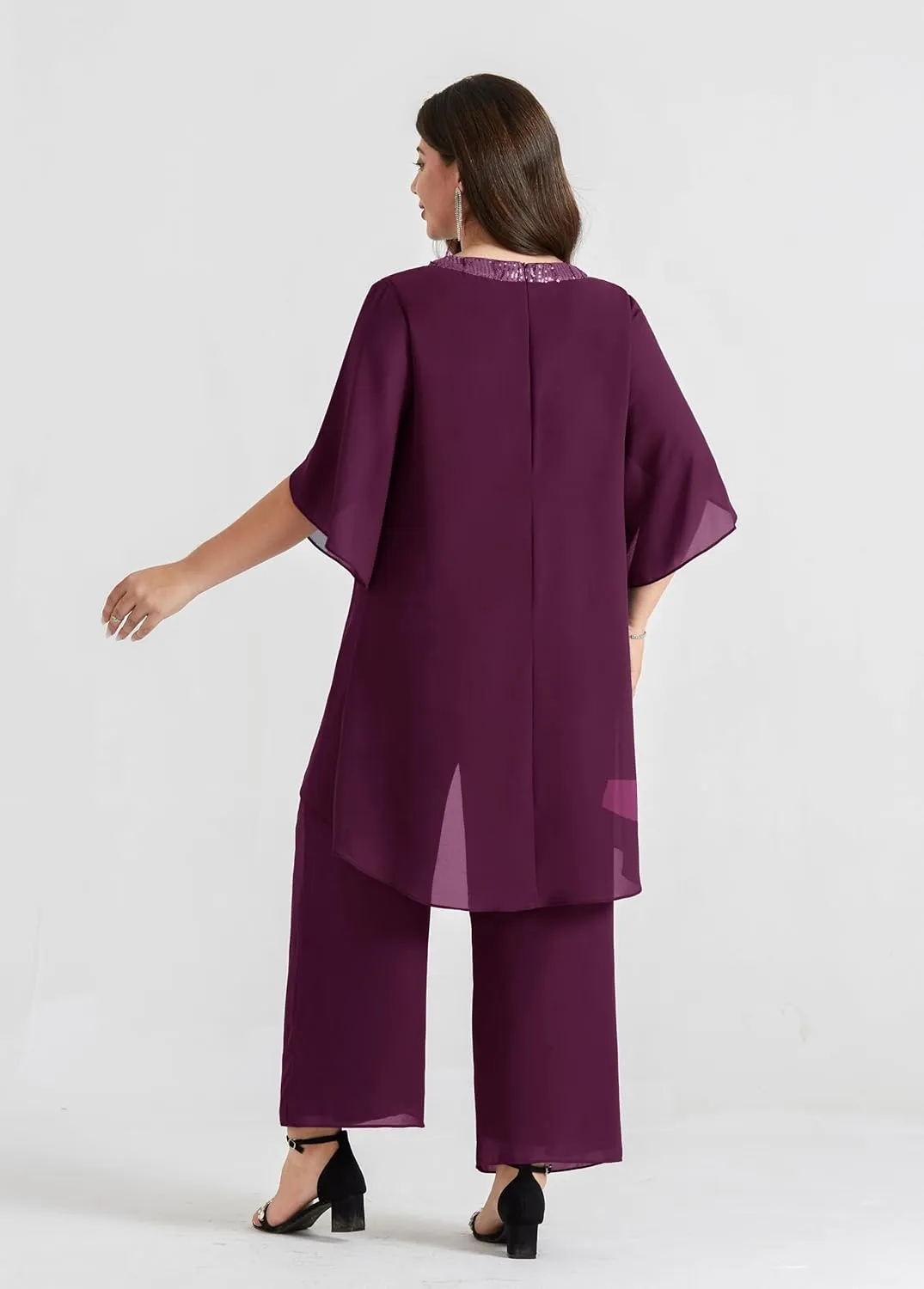 Hanna Nikole Plus Size Mother of The Bride Pant Suits 2 Piece Chiffon Sets Dressy Wedding Guest Outfit with High Low Hem