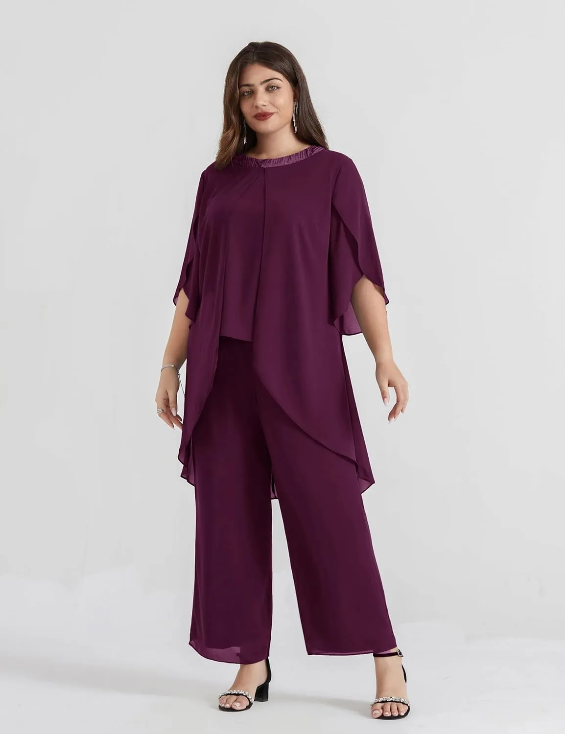 Hanna Nikole Plus Size Mother of The Bride Pant Suits 2 Piece Chiffon Sets Dressy Wedding Guest Outfit with High Low Hem
