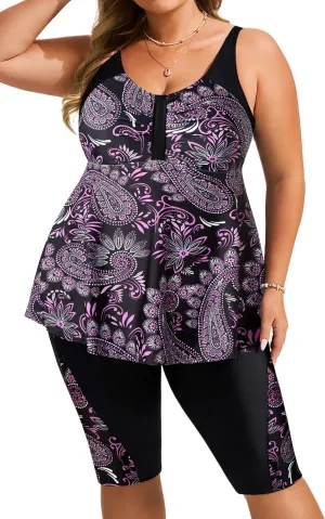 Hanna Nikole Women's Plus Size Tankini Swimsuits Two Piece Bathing Suit Flowy Rash Guard Swimwear with Capris Shorts