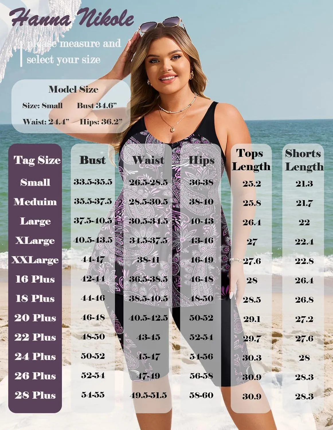 Hanna Nikole Women's Plus Size Tankini Swimsuits Two Piece Bathing Suit Flowy Rash Guard Swimwear with Capris Shorts