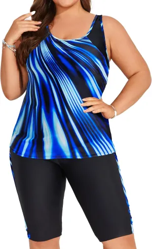 Hanna Nikole Women's Plus Size Tummy Control Tankini Swimsuits Color Block Bathing Suits with Shorts Knee Length