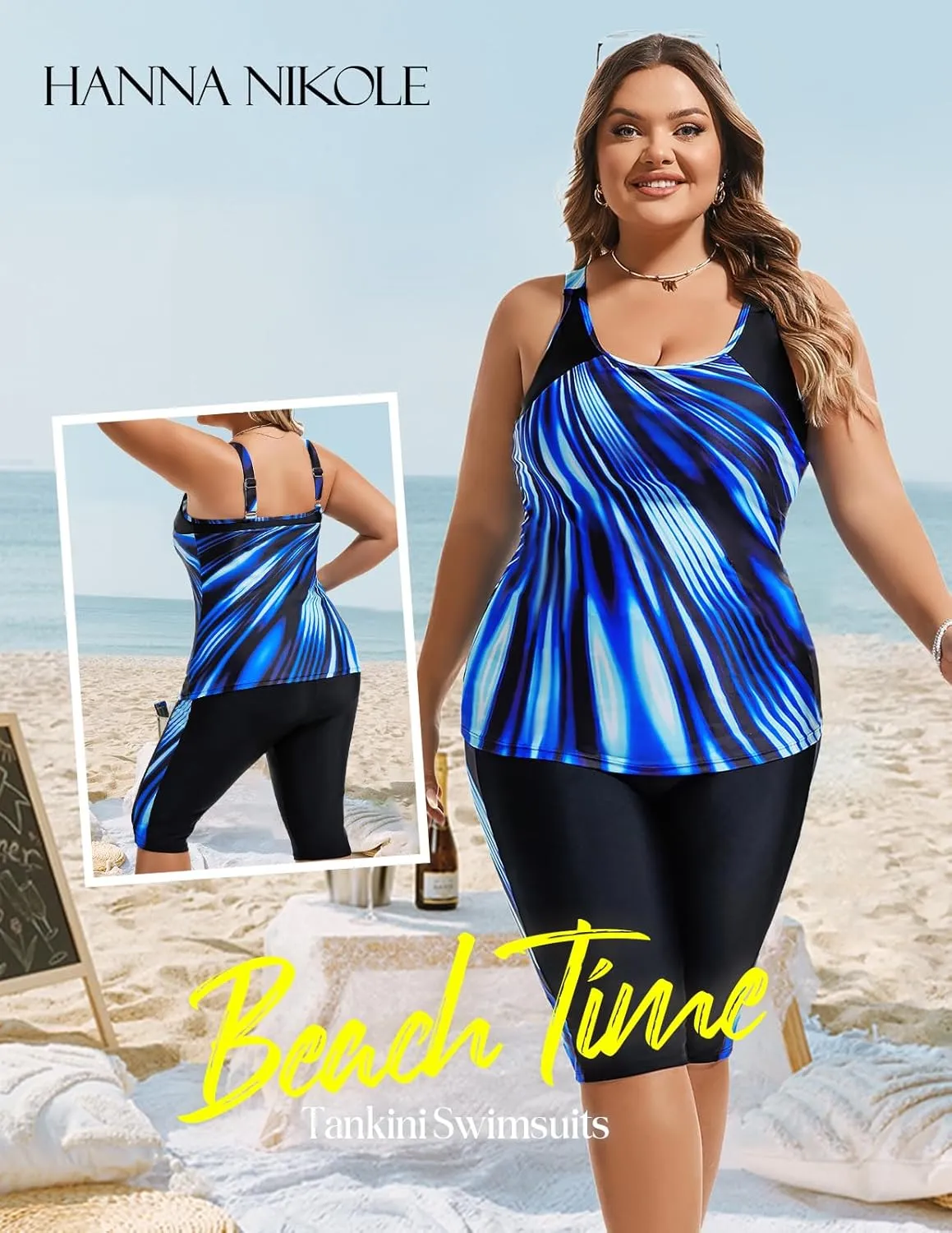 Hanna Nikole Women's Plus Size Tummy Control Tankini Swimsuits Color Block Bathing Suits with Shorts Knee Length