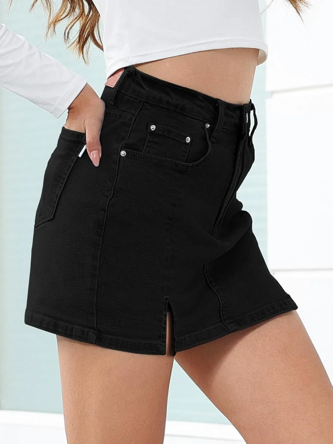 HDLTE Denim Skirts for Women - High Waisted Jean Skorts with Slit Cute Skort Shorts Casual