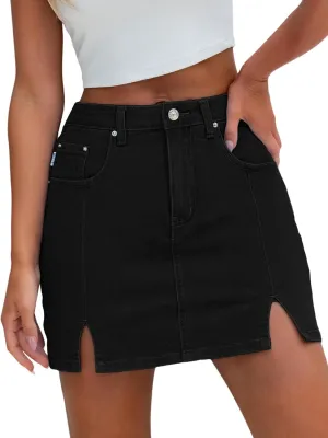 HDLTE Denim Skirts for Women - High Waisted Jean Skorts with Slit Cute Skort Shorts Casual