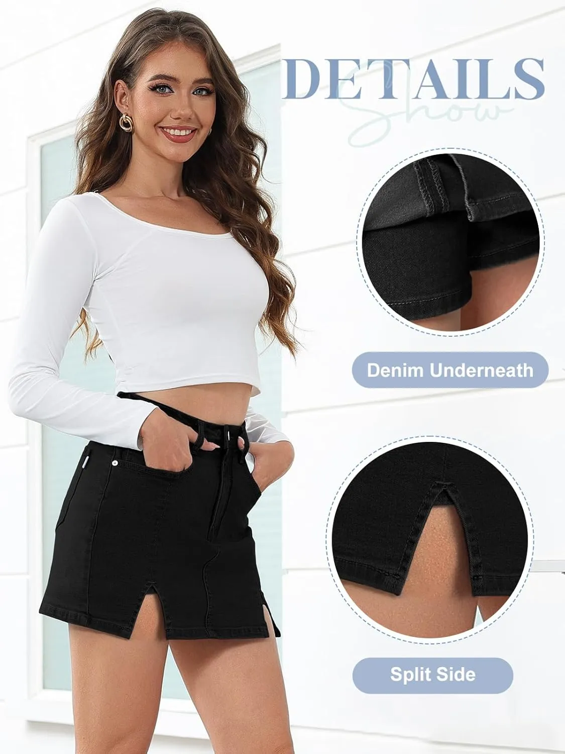 HDLTE Denim Skirts for Women - High Waisted Jean Skorts with Slit Cute Skort Shorts Casual
