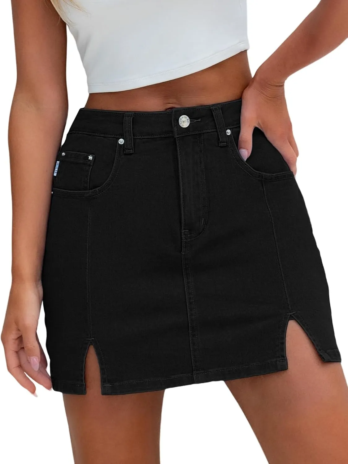 HDLTE Denim Skirts for Women - High Waisted Jean Skorts with Slit Cute Skort Shorts Casual