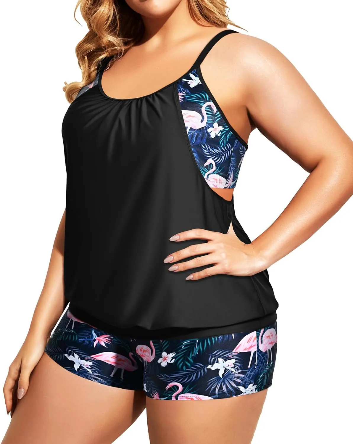 Holipick Plus Size Tankini Swimsuit for Women Two Piece Tummy Control Bathing Suit Blouson Tankini Top with Shorts