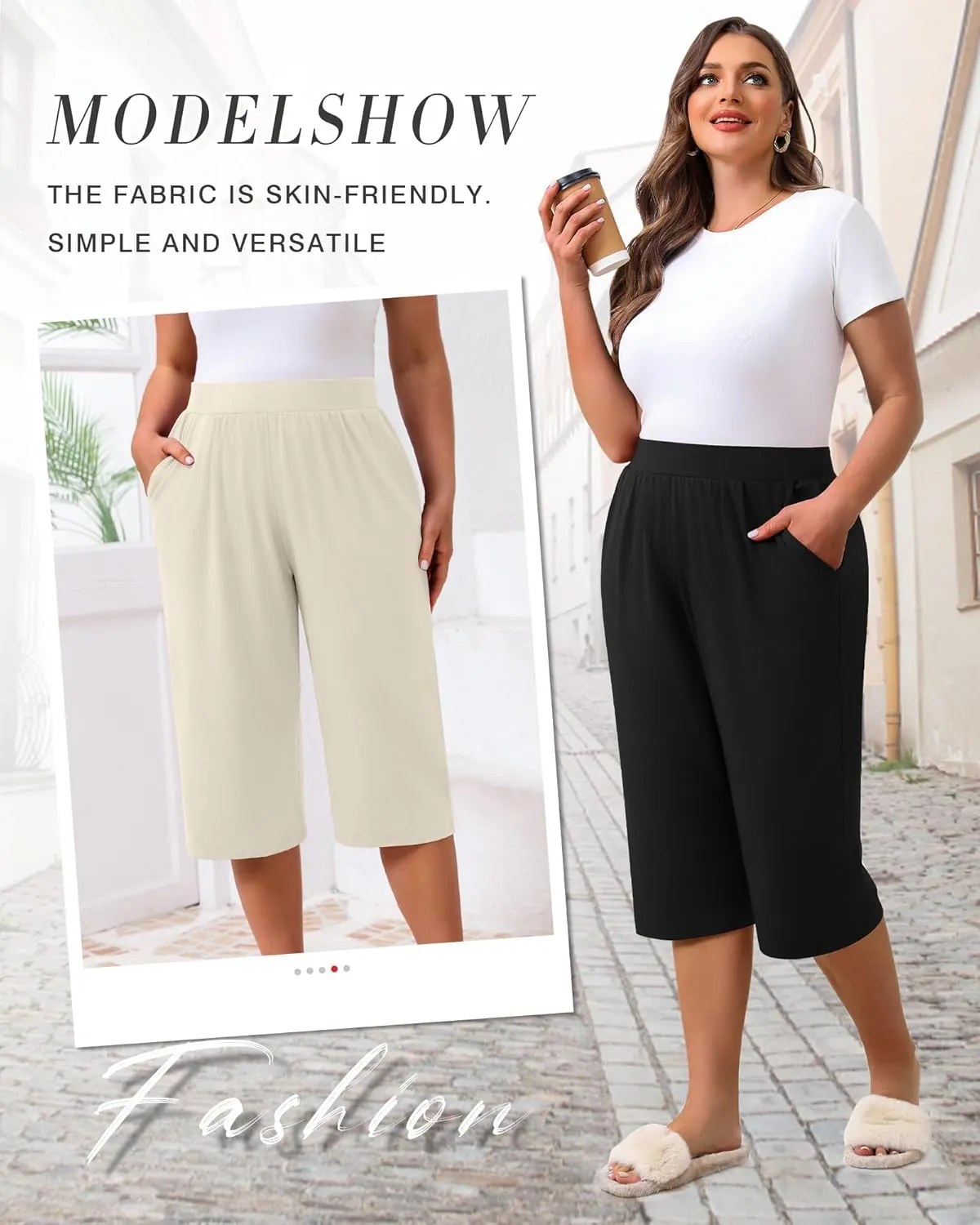 Huukeay 3 Pack Women's Plus Size Capri Pants, Cotton Wide Leg Capris Sweatpants Summer Loose Cropped Yoga Pants with Pockets