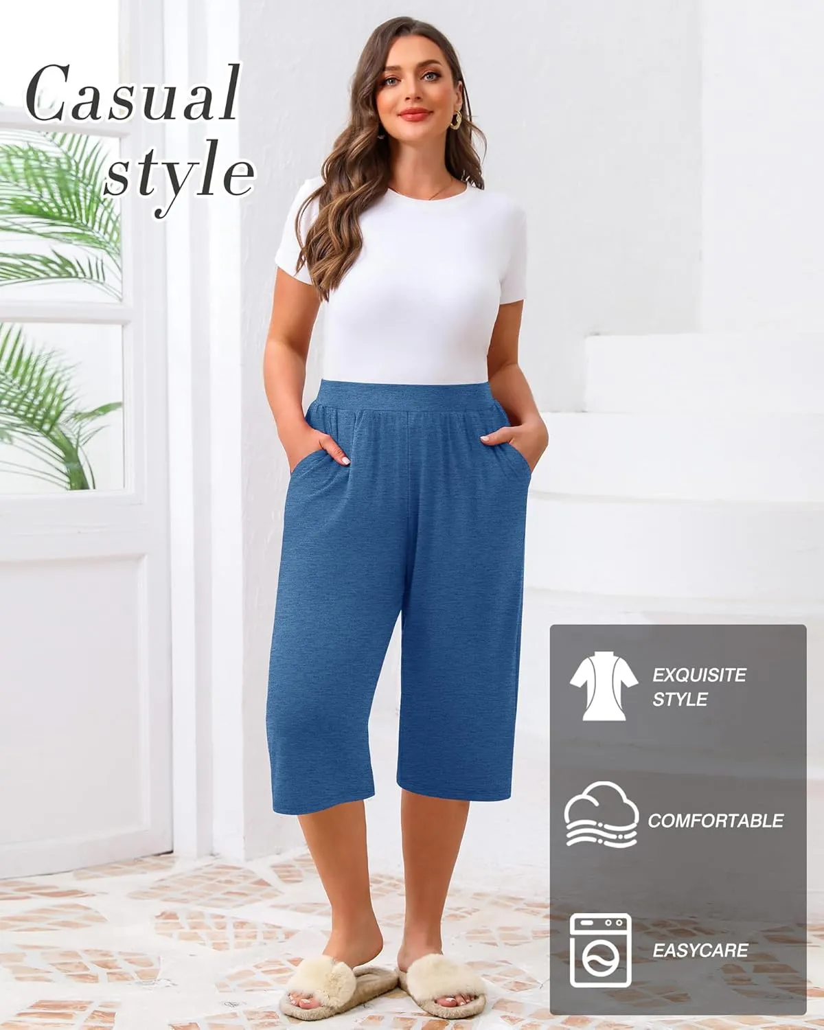 Huukeay 3 Pack Women's Plus Size Capri Pants, Cotton Wide Leg Capris Sweatpants Summer Loose Cropped Yoga Pants with Pockets