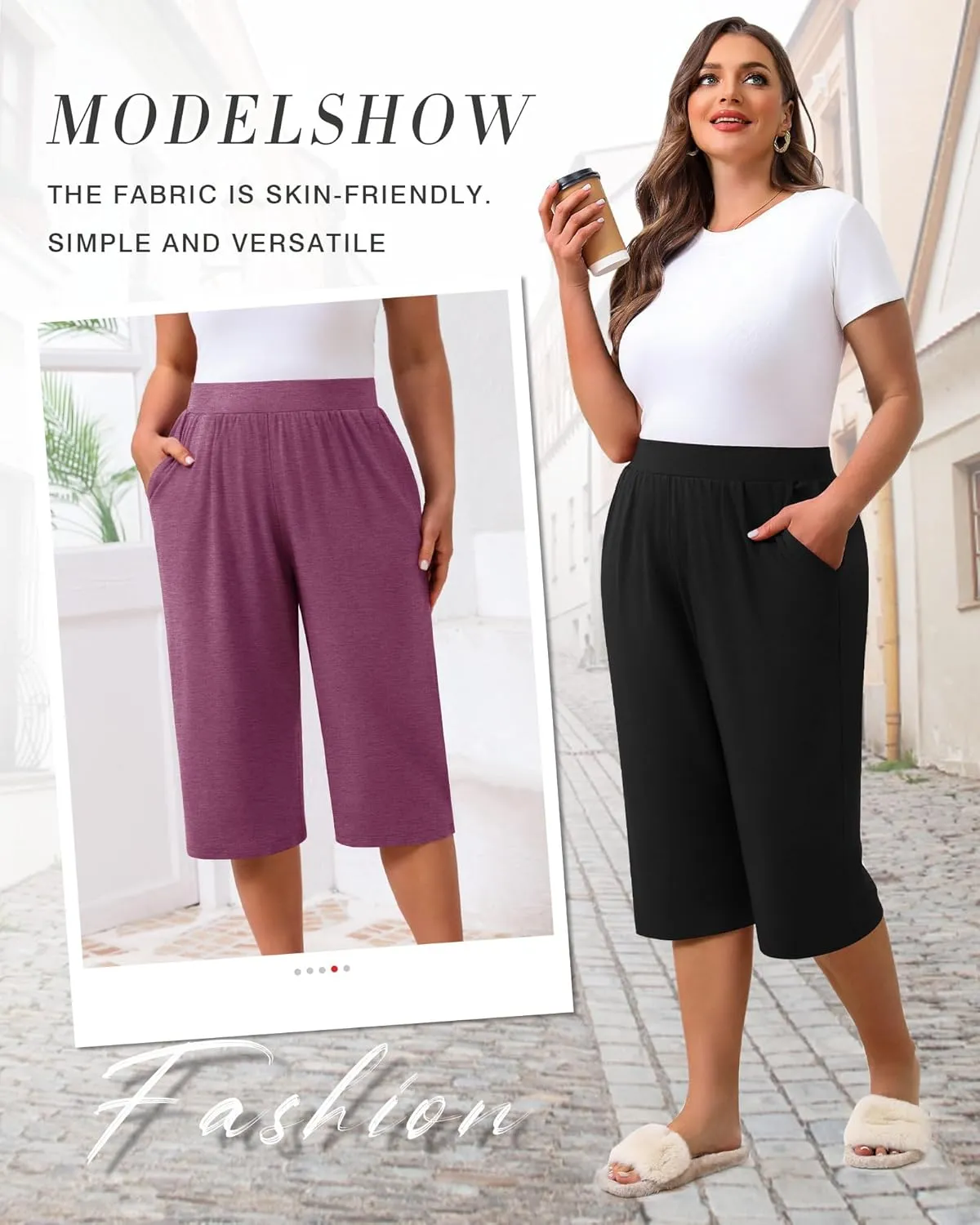 Huukeay 3 Pack Women's Plus Size Capri Pants, Cotton Wide Leg Capris Sweatpants Summer Loose Cropped Yoga Pants with Pockets
