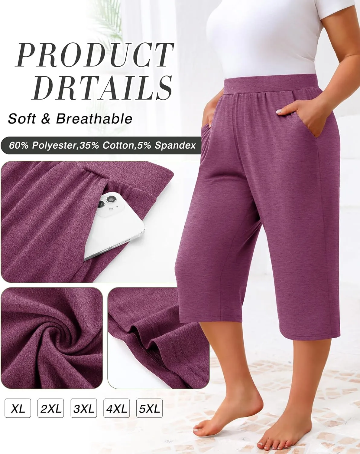 Huukeay 3 Pack Women's Plus Size Capri Pants, Cotton Wide Leg Capris Sweatpants Summer Loose Cropped Yoga Pants with Pockets