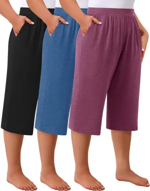 Huukeay 3 Pack Women's Plus Size Capri Pants, Cotton Wide Leg Capris Sweatpants Summer Loose Cropped Yoga Pants with Pockets