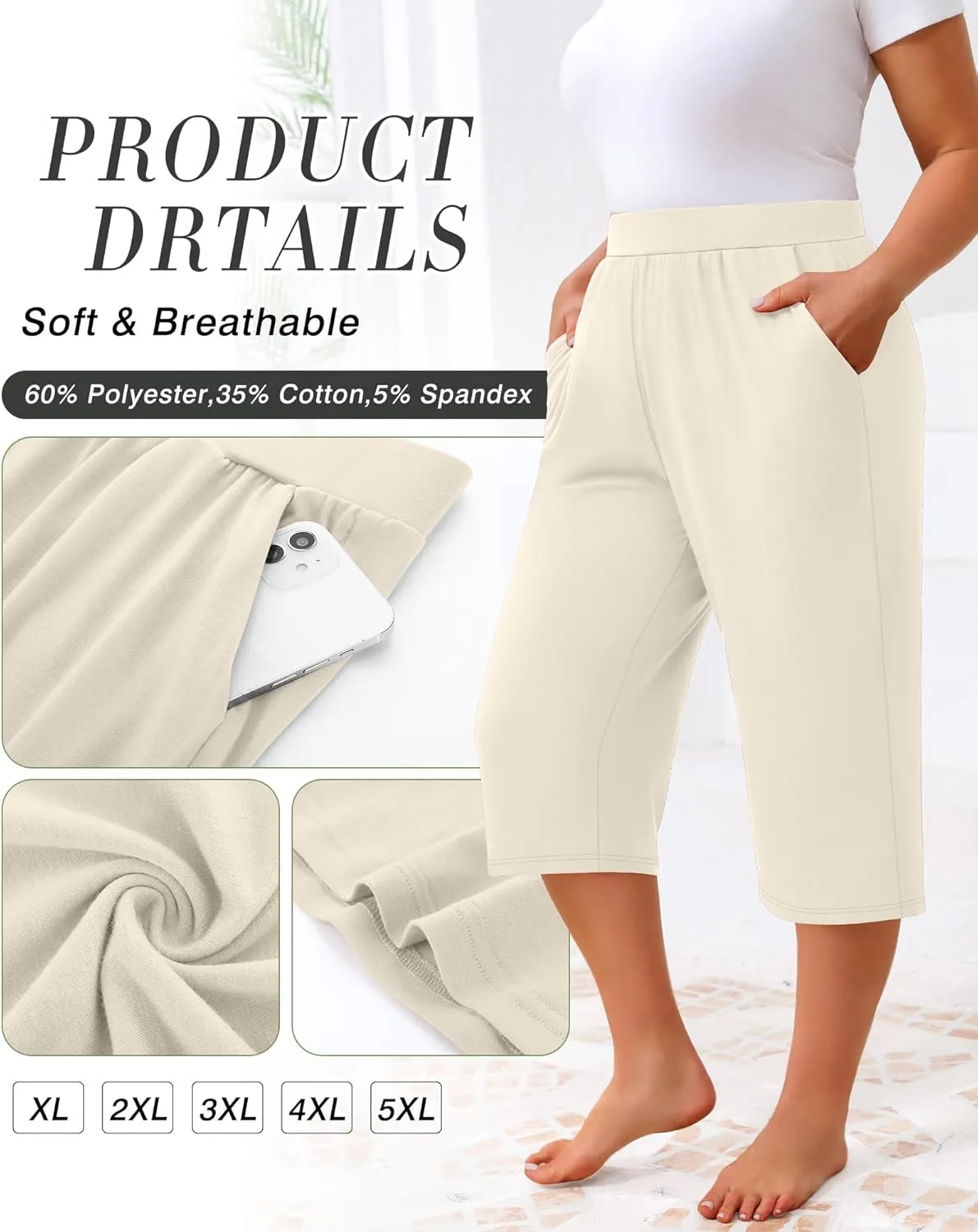 Huukeay 3 Pack Women's Plus Size Capri Pants, Cotton Wide Leg Capris Sweatpants Summer Loose Cropped Yoga Pants with Pockets
