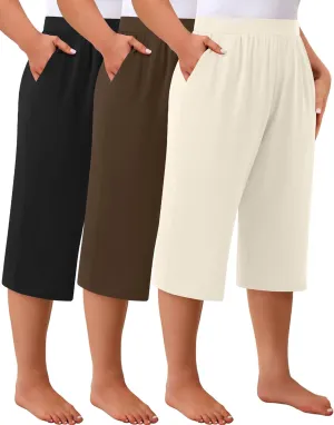 Huukeay 3 Pack Women's Plus Size Capri Pants, Cotton Wide Leg Capris Sweatpants Summer Loose Cropped Yoga Pants with Pockets