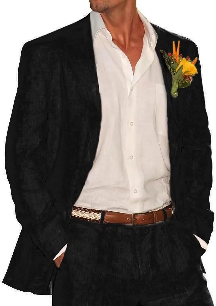 HUUTOE Men's Linen Suit 2 Piece Slim Fit Prom Party Business Beach Wedding Groomsmen Suits Linen Blazer Pants Tuxedo Set