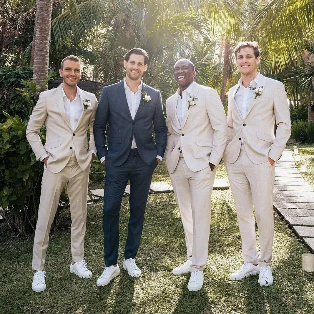 HUUTOE Men's Linen Suit 2 Piece Slim Fit Prom Party Business Beach Wedding Groomsmen Suits Linen Blazer Pants Tuxedo Set