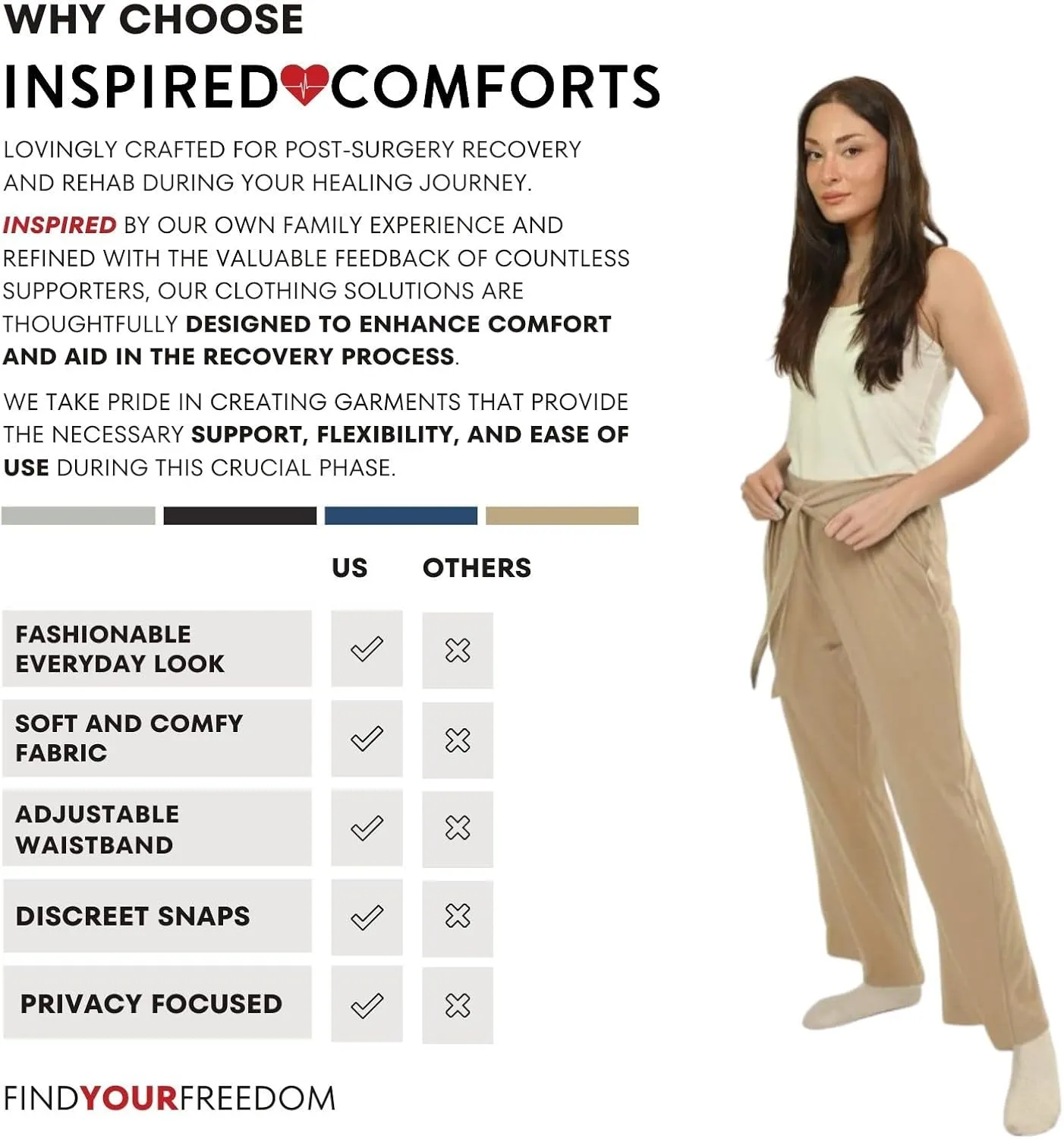 Inspired Comforts Women Tearaway Post Surgery Recovery Pajama Pants with Side Snaps & Pockets