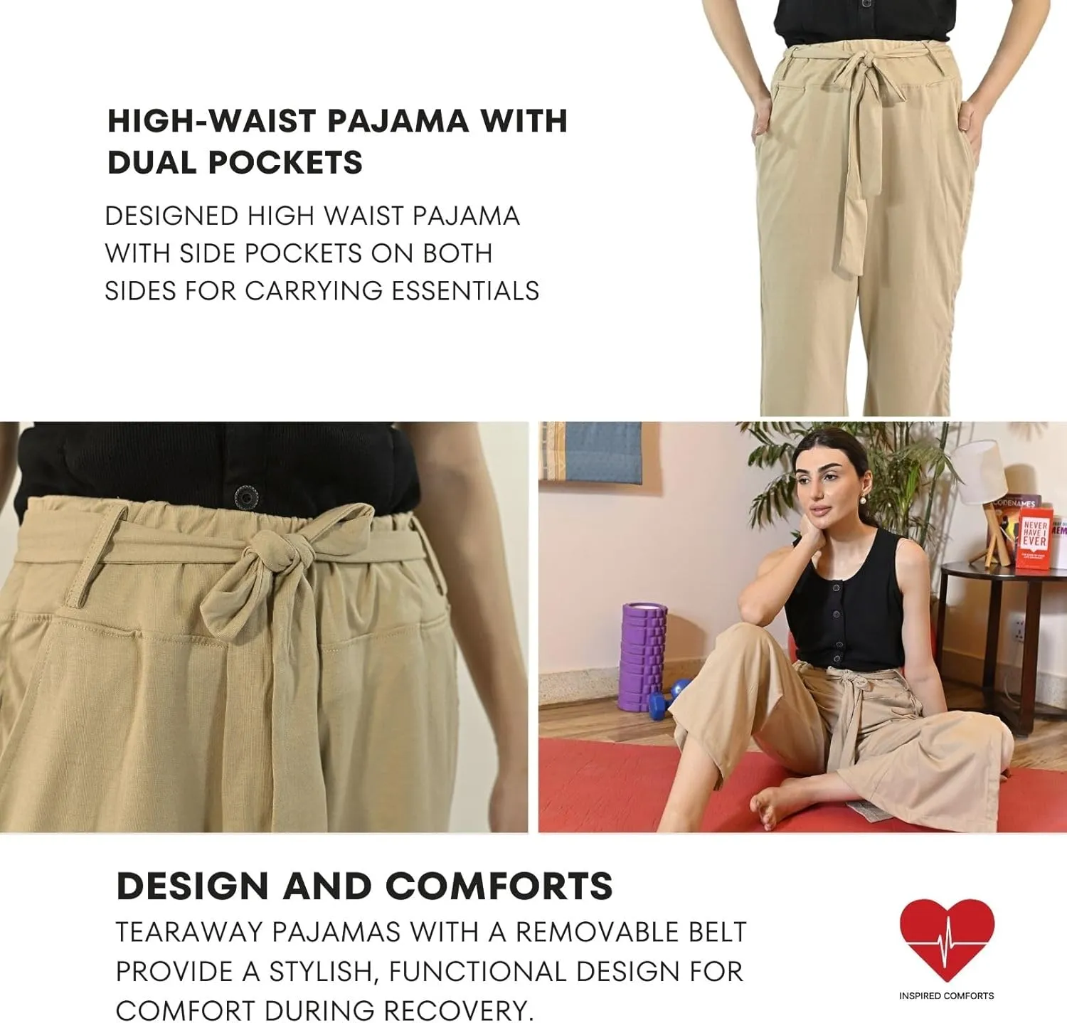 Inspired Comforts Women Tearaway Post Surgery Recovery Pajama Pants with Side Snaps & Pockets