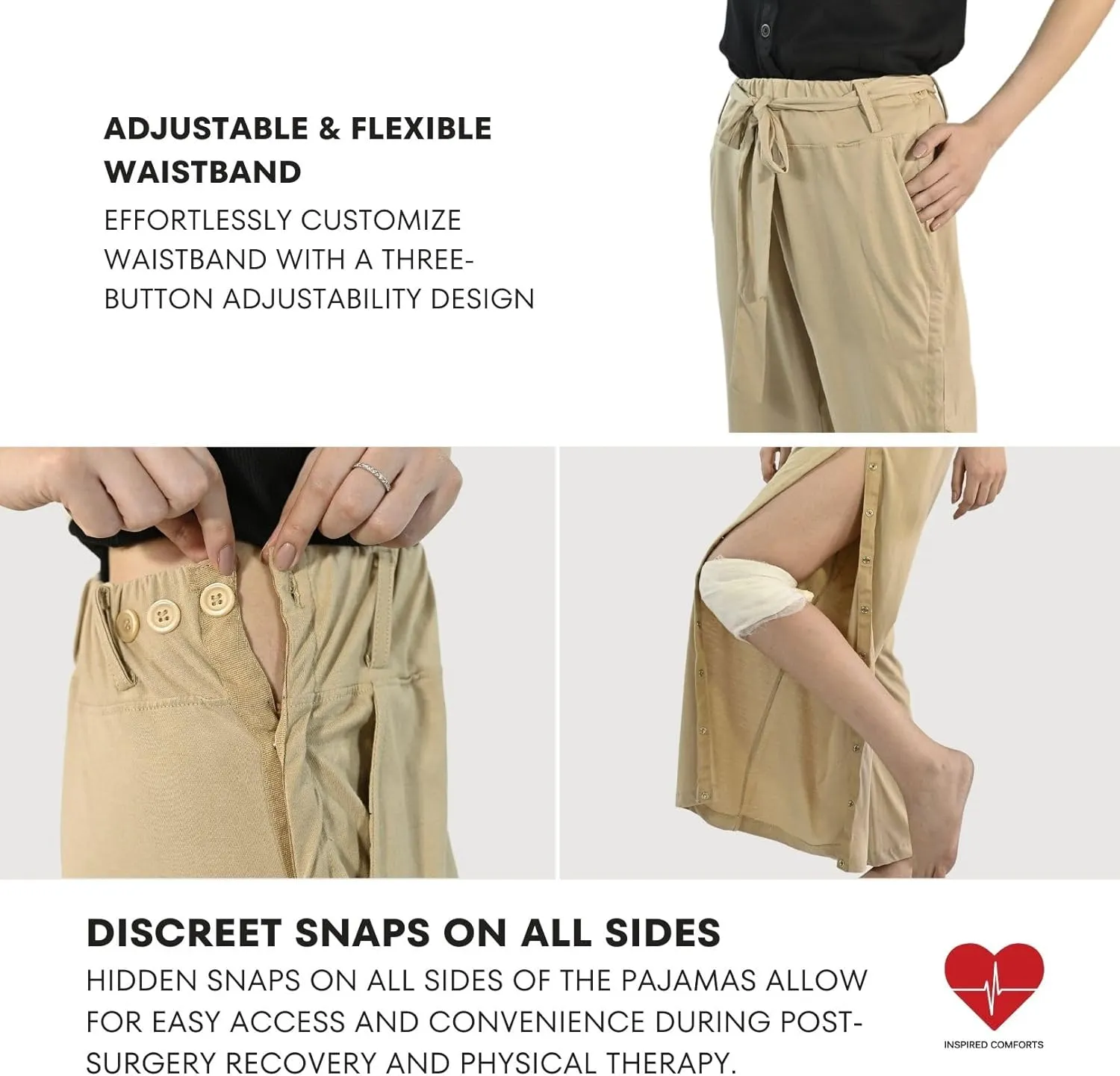 Inspired Comforts Women Tearaway Post Surgery Recovery Pajama Pants with Side Snaps & Pockets