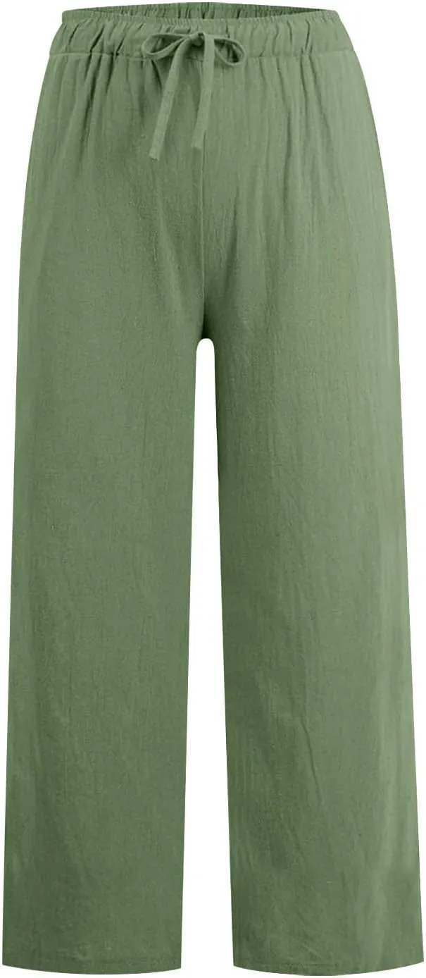 jovati Wide Leg Casual Pants for Womens Straight Leg High Waist Trousers Boho Cotton Linen Flowy Palazzo Pants