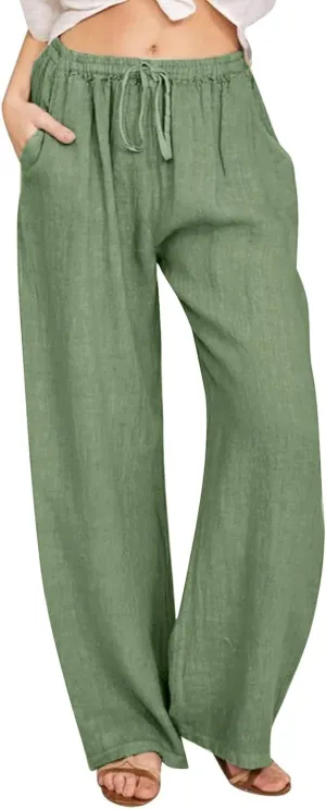 jovati Wide Leg Casual Pants for Womens Straight Leg High Waist Trousers Boho Cotton Linen Flowy Palazzo Pants