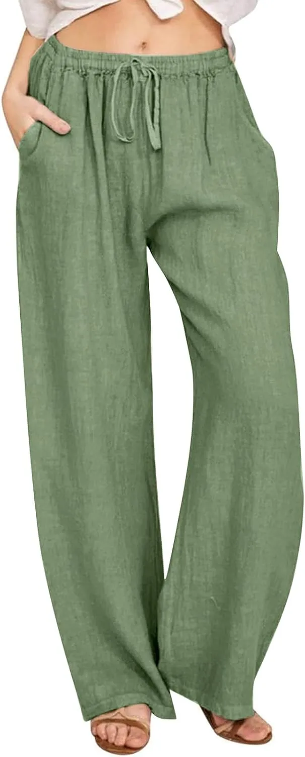 jovati Wide Leg Casual Pants for Womens Straight Leg High Waist Trousers Boho Cotton Linen Flowy Palazzo Pants