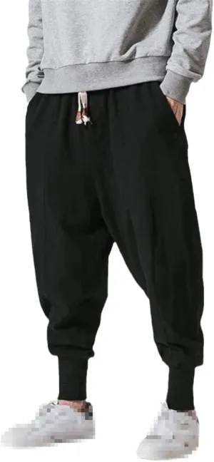 keusyoi Mens Cotton Linen Harem Pants Men Solid Elastic Waist Streetwear Joggers Baggy Drop-Crotch Pants Casual Trousers