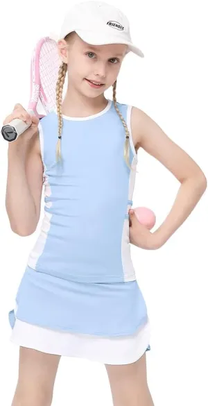 Kids Girls Tennis Golf Outfit Sleeveless Dress Tank Top Skorts Skirts Athletic Sets with Shorts Pockets 3-12Y