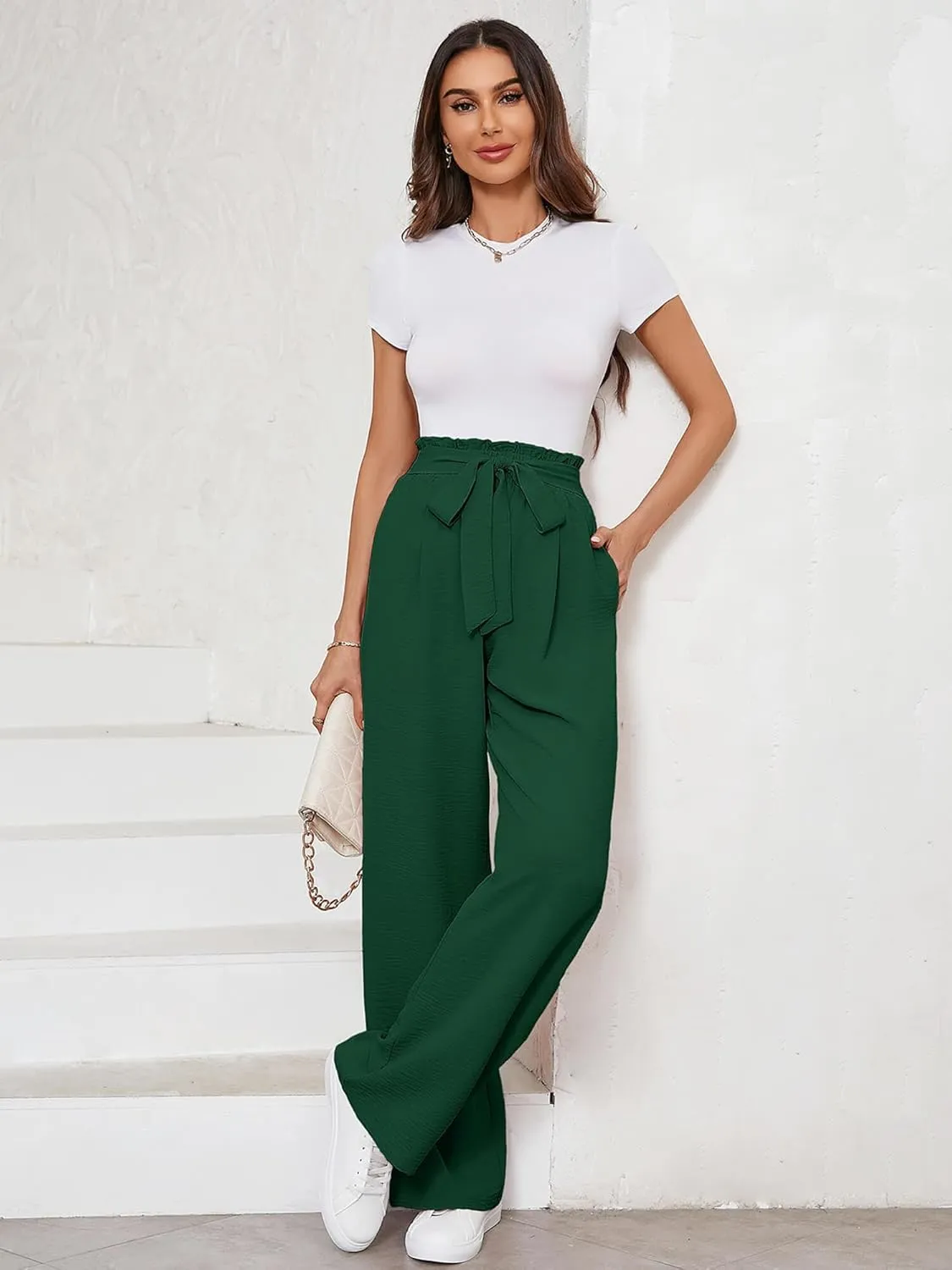 KORSIS Women's Wide Leg Lounge Pants Lightweight High Waisted Loose Work Elastic Trousers with Pockets (S-2XL)