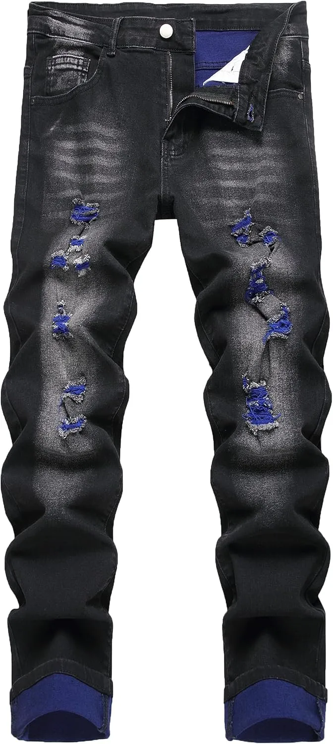 LAMKUKU Men's Ripped Jeans Slim Fit Casual Distressed Denim Pants