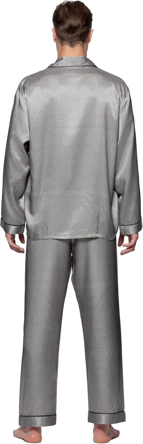 Lavenderi Men's Long Sleeve Silk Satin Pajama Set, Silky Pajamas Sleepwear