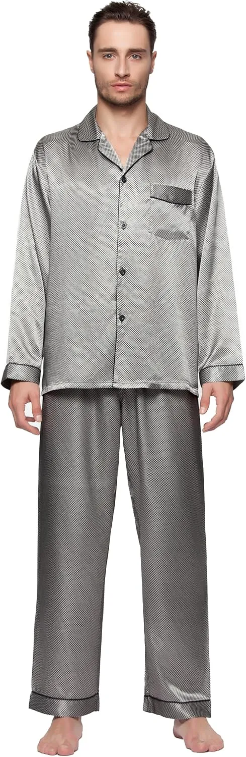 Lavenderi Men's Long Sleeve Silk Satin Pajama Set, Silky Pajamas Sleepwear