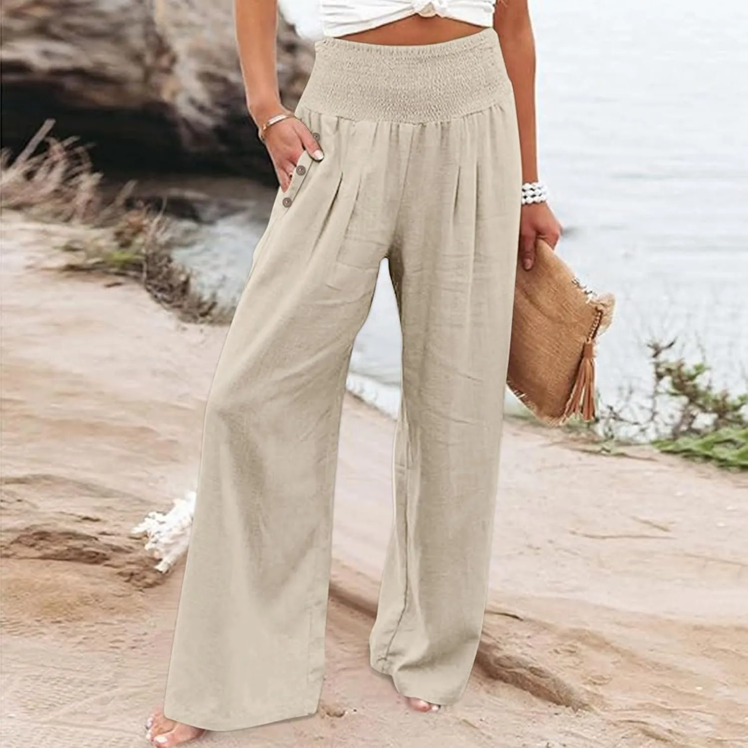LCMTWX Flowy Pants for Women Solid Cotton and Pants with Pocket Long Pants with Pockets Pull On Pants for Women Womans