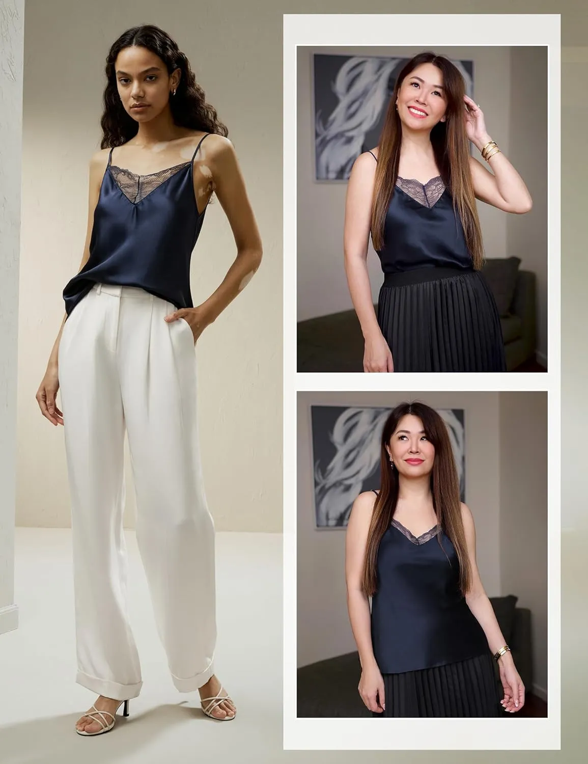 LilySilk Pure Silk Lace Camisole for Women 100% Silk Lingerie Base Layer Adjustable 2-in-1 Summer Tank Tops Ladies