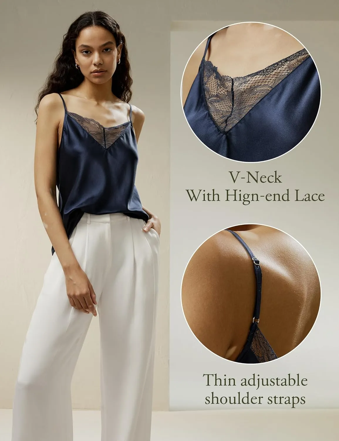 LilySilk Pure Silk Lace Camisole for Women 100% Silk Lingerie Base Layer Adjustable 2-in-1 Summer Tank Tops Ladies