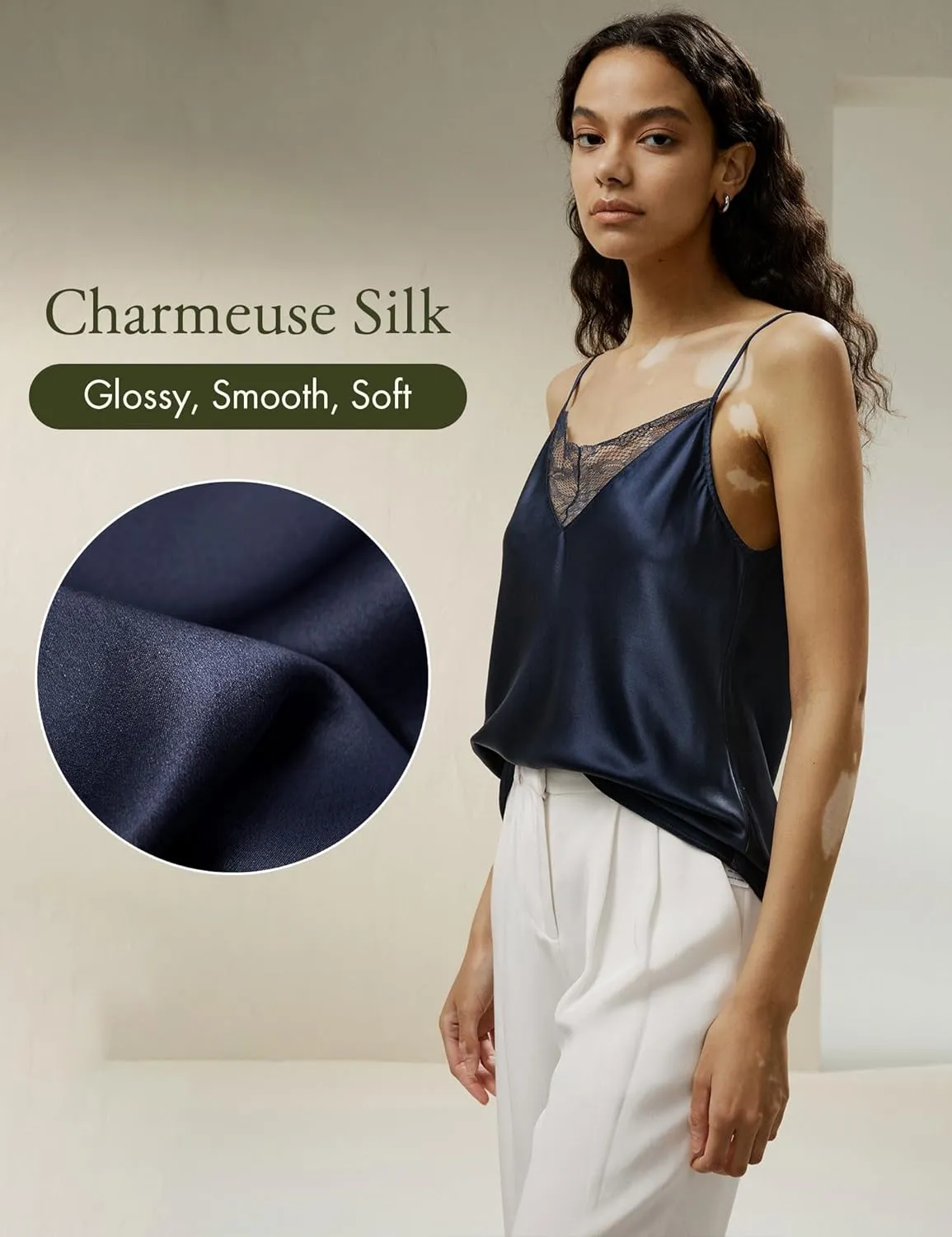 LilySilk Pure Silk Lace Camisole for Women 100% Silk Lingerie Base Layer Adjustable 2-in-1 Summer Tank Tops Ladies