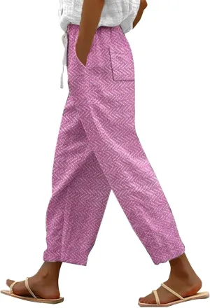 Linen Capri Pants with Drawstring Womens Casual Lightweight Elastic Waist Pants with Pockets Summer Petite Capris
