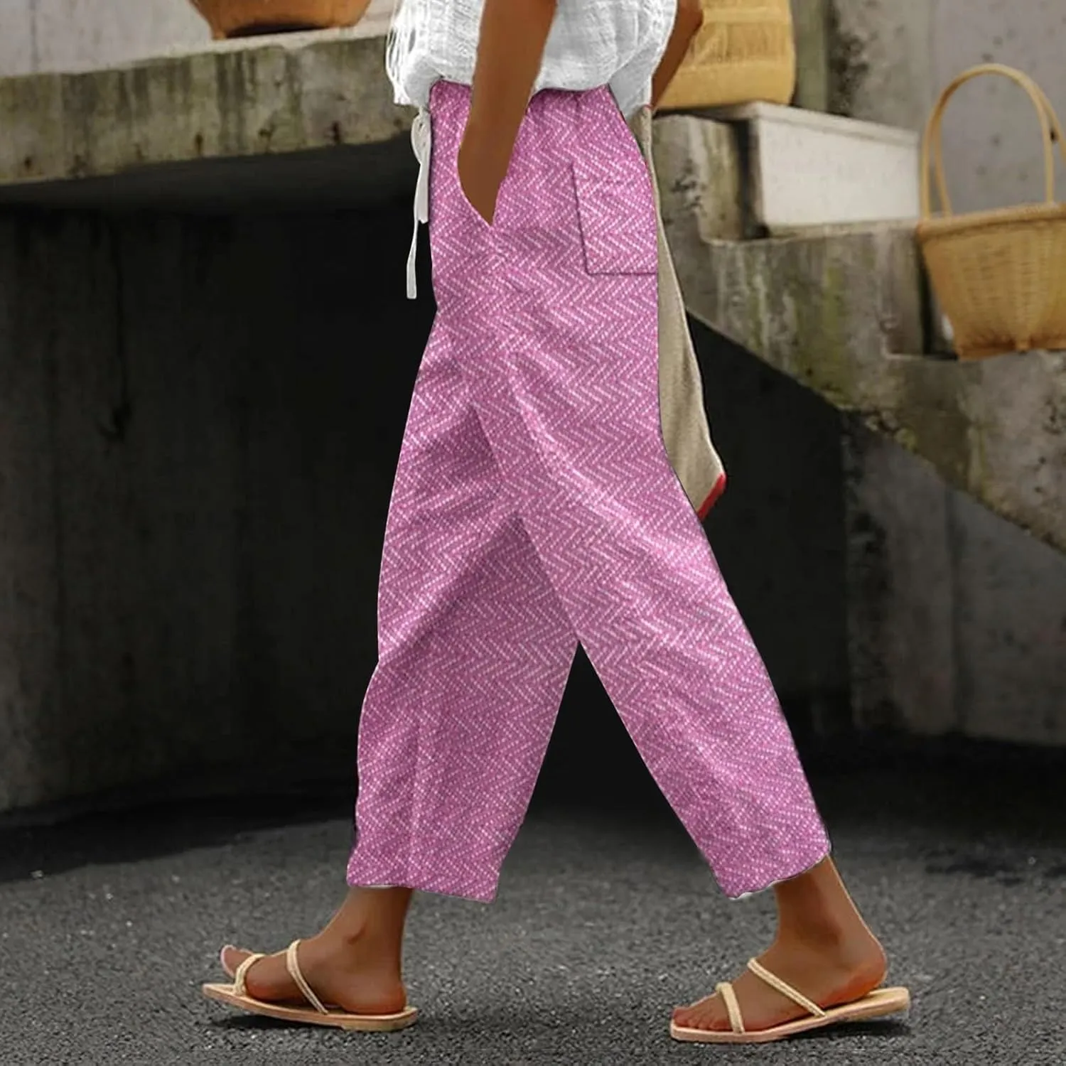 Linen Capri Pants with Drawstring Womens Casual Lightweight Elastic Waist Pants with Pockets Summer Petite Capris