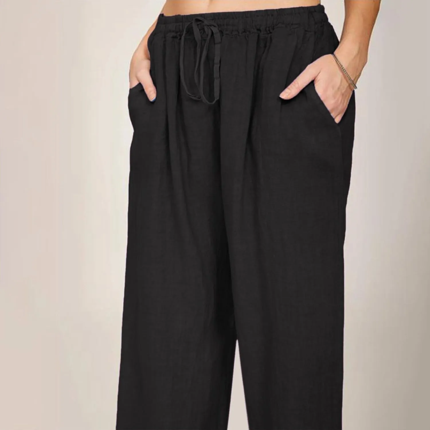 Linen Drawstring Pants Women 2025 Baggy Y2K Summer Stretchy Boho Beach Pants Relaxed Loose Fit Elastic Lightweight Trousers