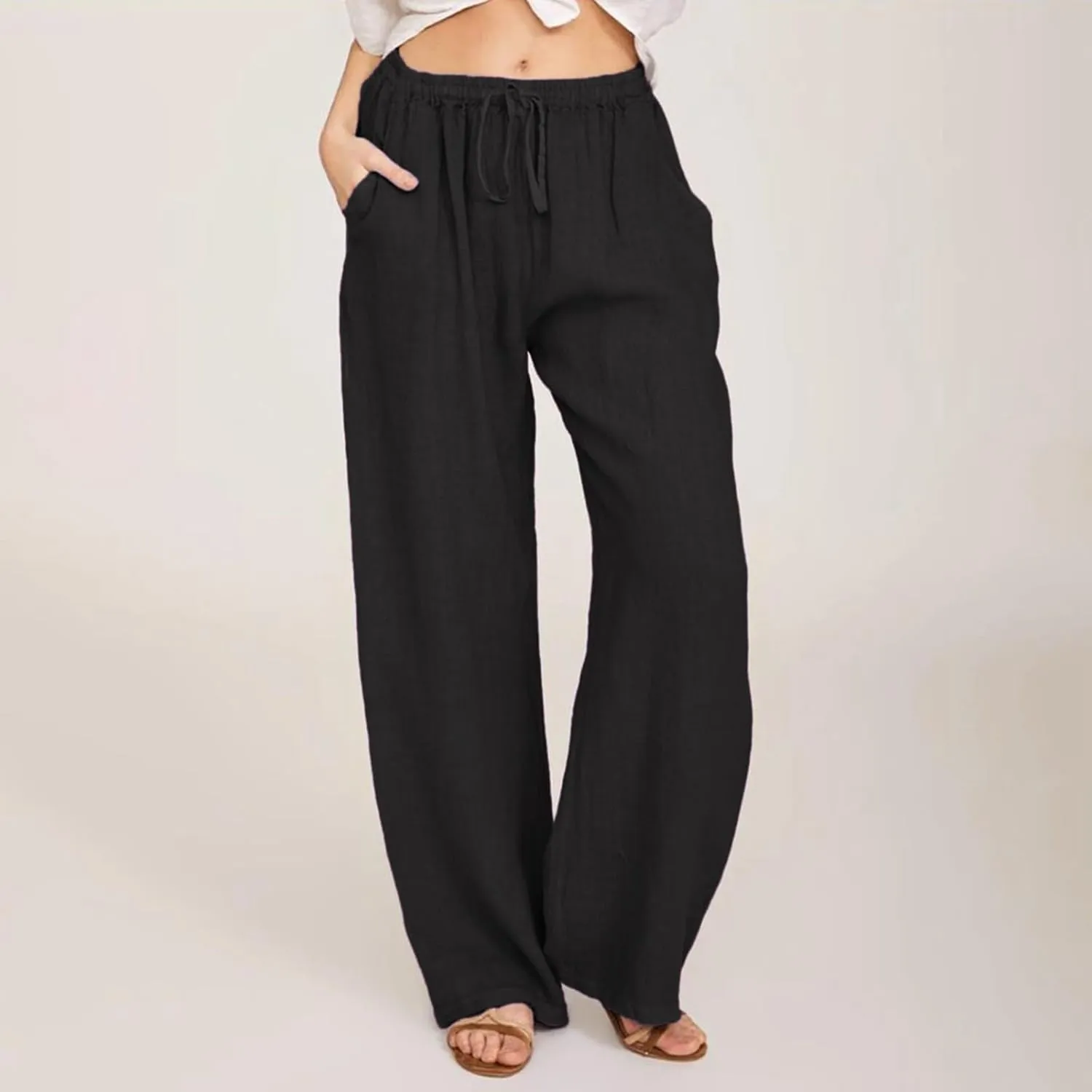 Linen Drawstring Pants Women 2025 Baggy Y2K Summer Stretchy Boho Beach Pants Relaxed Loose Fit Elastic Lightweight Trousers