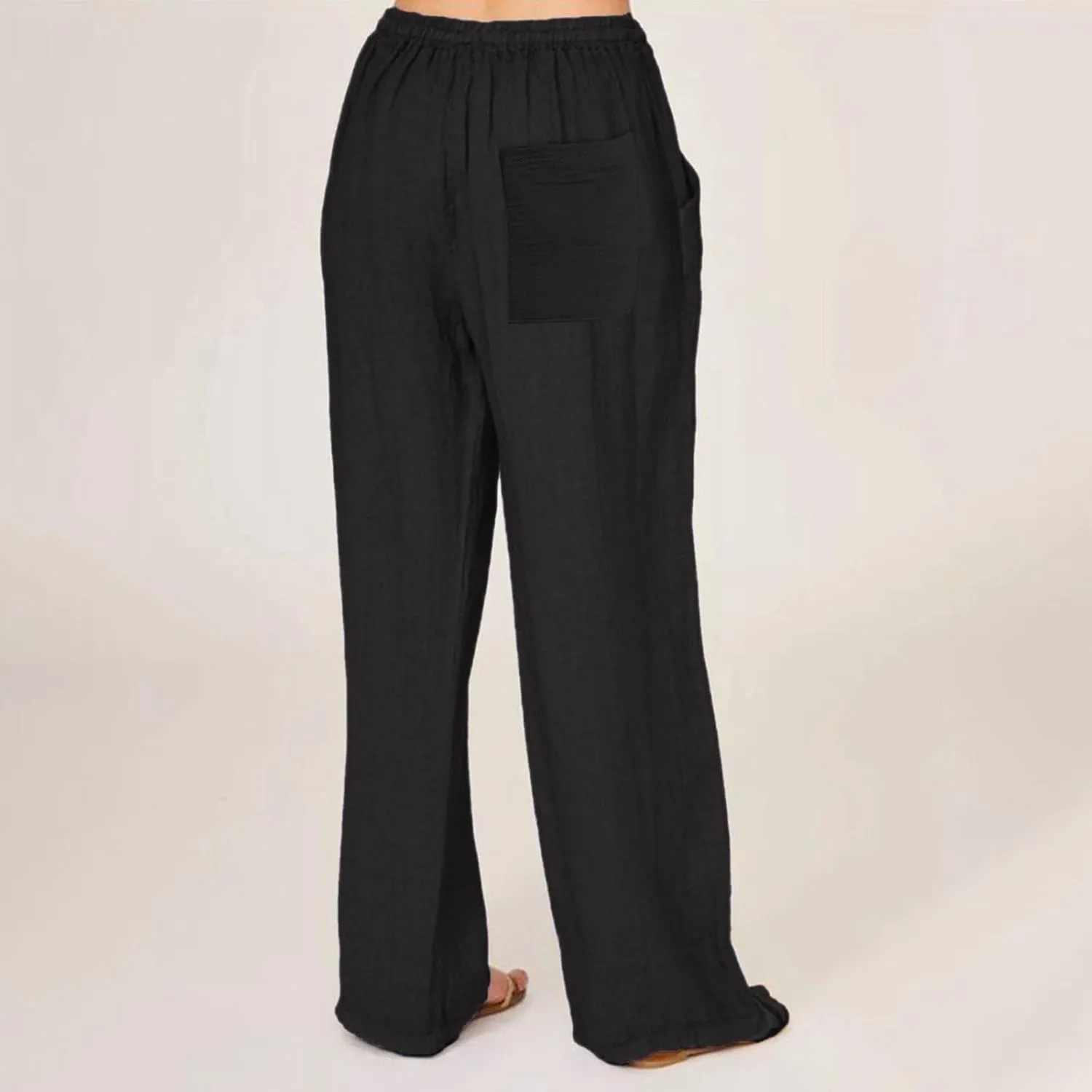 Linen Drawstring Pants Women 2025 Baggy Y2K Summer Stretchy Boho Beach Pants Relaxed Loose Fit Elastic Lightweight Trousers
