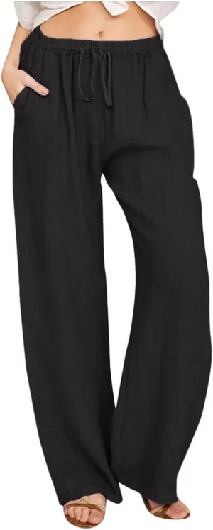 Linen Drawstring Pants Women 2025 Baggy Y2K Summer Stretchy Boho Beach Pants Relaxed Loose Fit Elastic Lightweight Trousers