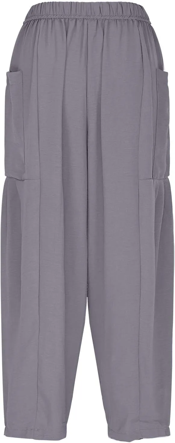 Linen Pants for Women Drawstring Elastic Waist Palazzo Harem Pants Ladies Casual Wide Leg Trousers with Side Pockets
