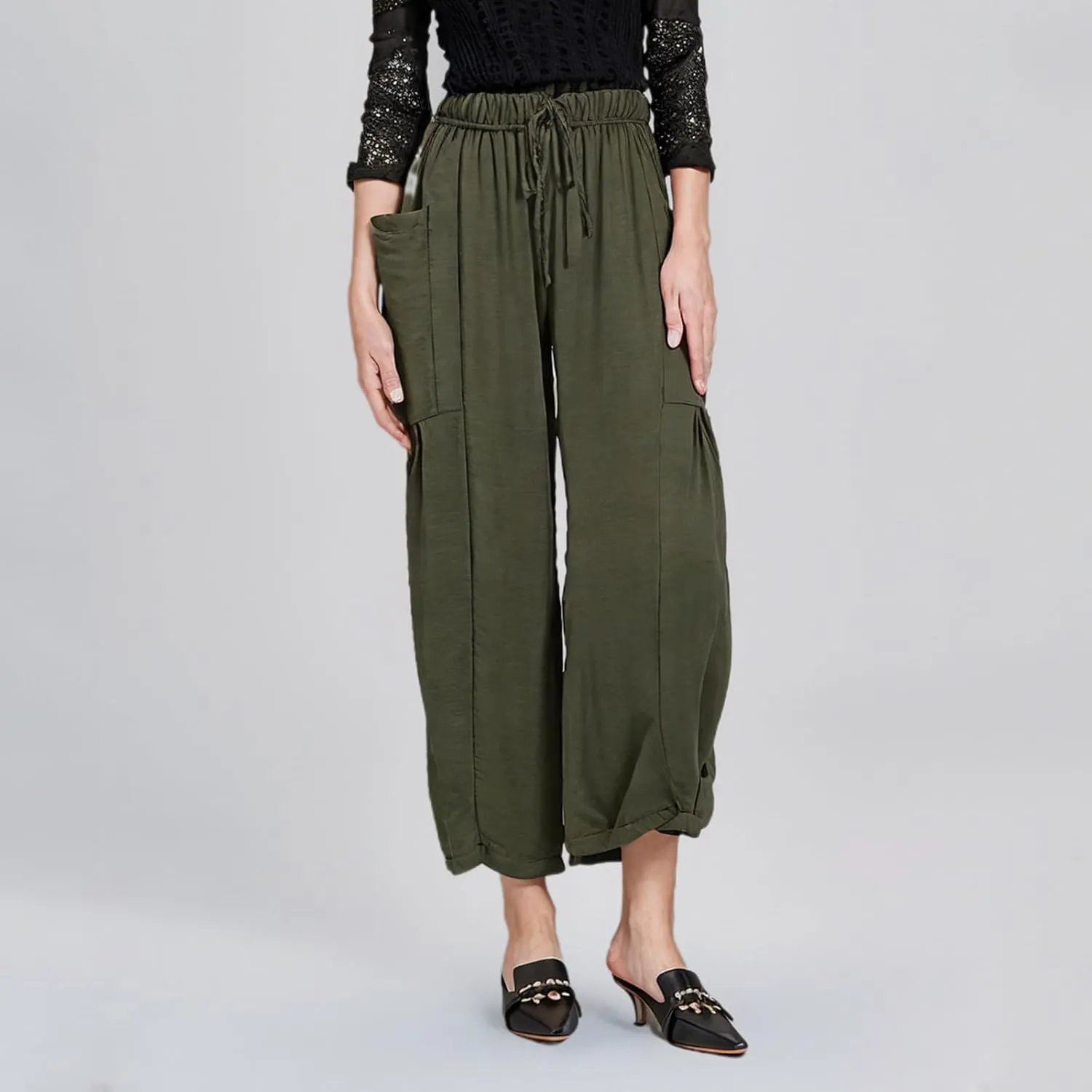 Linen Pants for Women Drawstring Elastic Waist Palazzo Harem Pants Ladies Casual Wide Leg Trousers with Side Pockets
