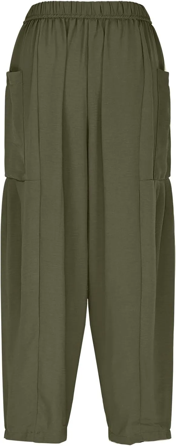 Linen Pants for Women Drawstring Elastic Waist Palazzo Harem Pants Ladies Casual Wide Leg Trousers with Side Pockets