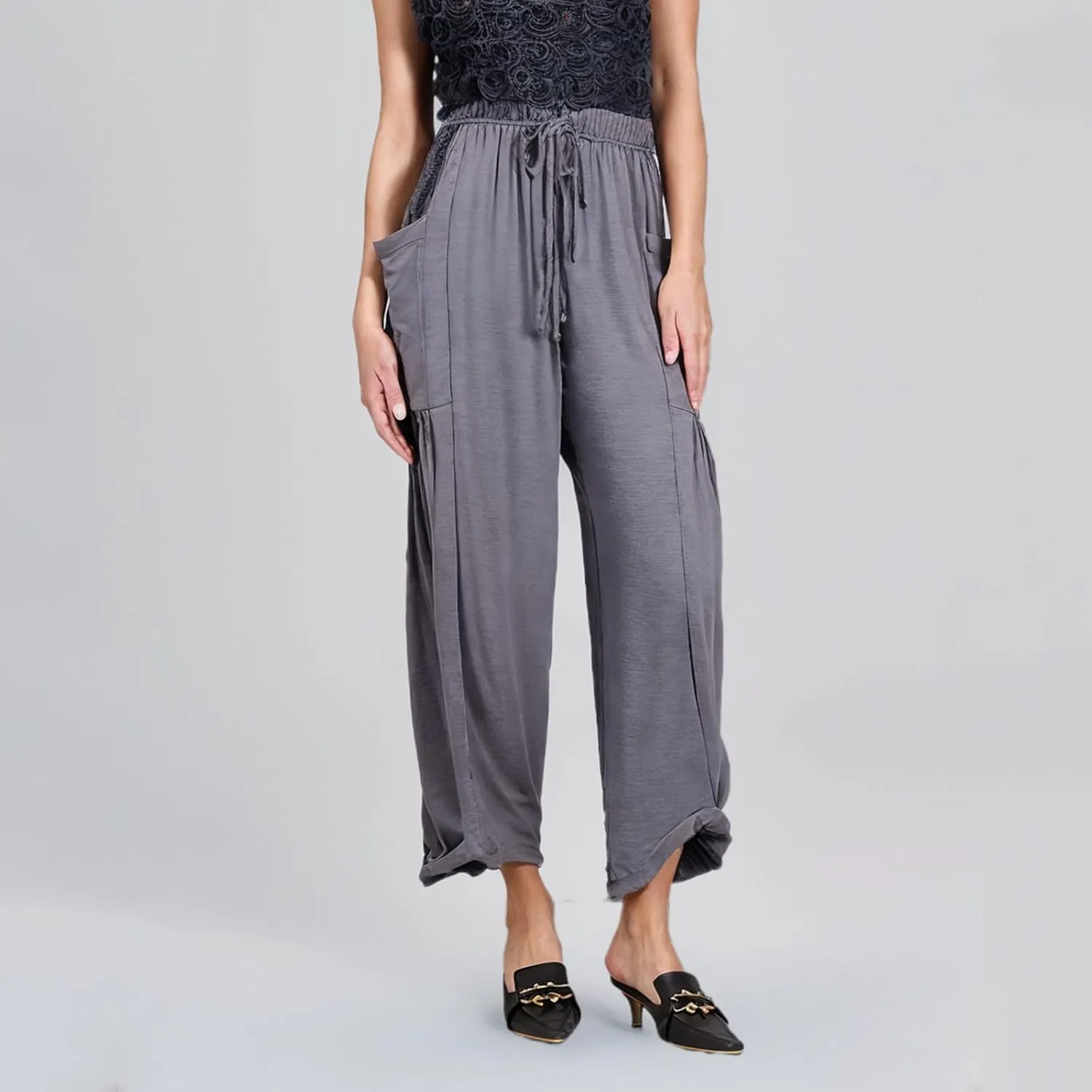 Linen Pants for Women Drawstring Elastic Waist Palazzo Harem Pants Ladies Casual Wide Leg Trousers with Side Pockets