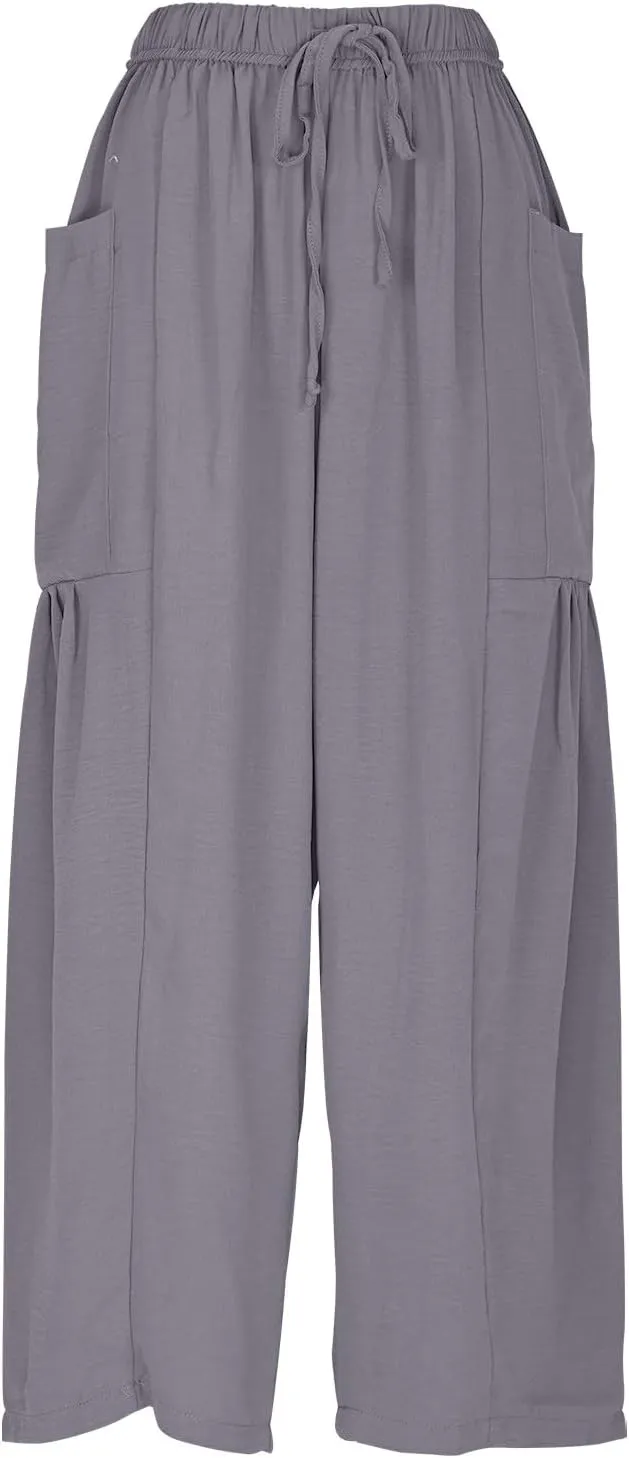 Linen Pants for Women Drawstring Elastic Waist Palazzo Harem Pants Ladies Casual Wide Leg Trousers with Side Pockets