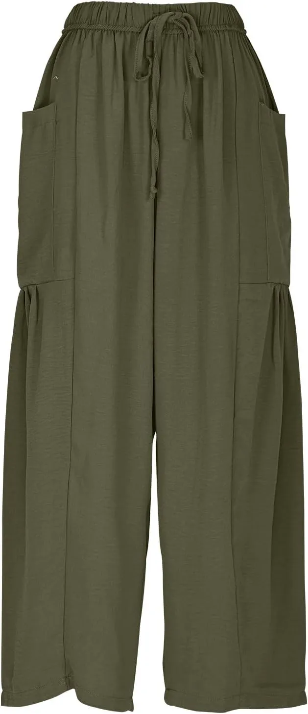 Linen Pants for Women Drawstring Elastic Waist Palazzo Harem Pants Ladies Casual Wide Leg Trousers with Side Pockets