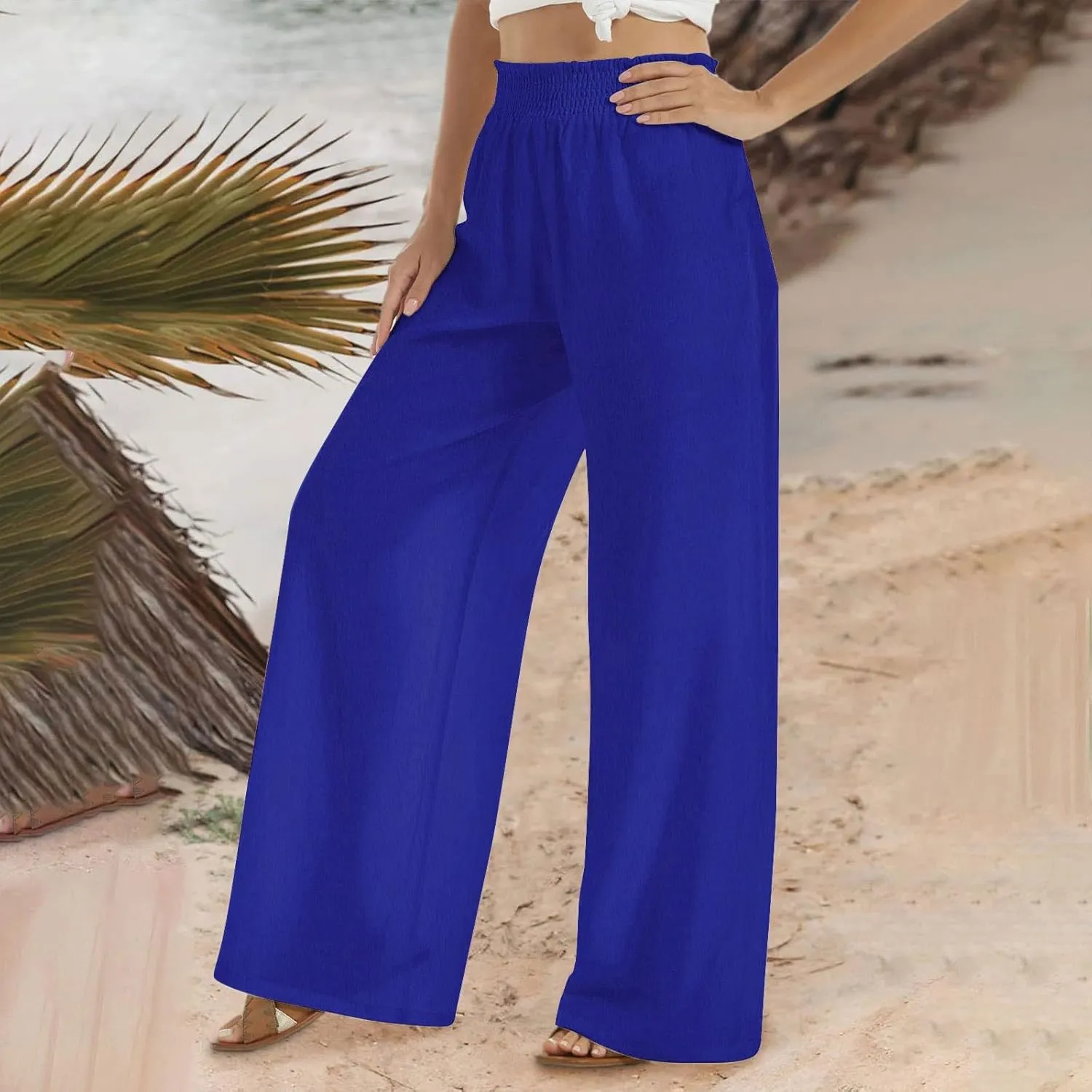 Linen Pants for Women Smocked High Waisted Flowy Palazzo Pants Casual Wide Leg Trousers with Pockets Summer Clothes